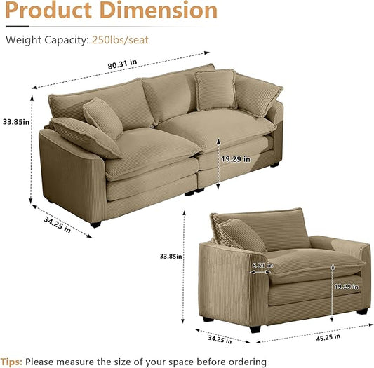 mikibama Luxury 2 Piece Sofa Set, Loveseat Couch & Sofa Armchair Set, Modern Corduroy Comfy Cloud Couches Set for Living Room Office with 2 Armrest Pillows and 3 Toss Pillows, Camel