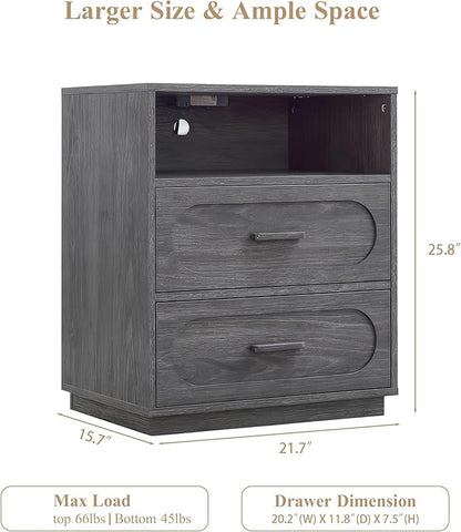 Gray Night Stand with Charging Station, 21.7" Wide Wood End Table with 2 Storage Drawers, Open Shelf & Unique Base, Mid Century Modern Bedside Table for Bedroom, Living Room, Gray