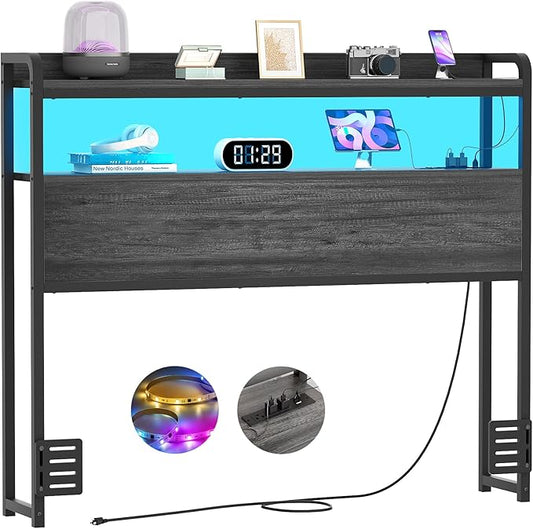 Aheaplus Headboard for Twin Size Bed Frame, Headboards with Outlets, USB Ports and LED Light, Head Board with Storage, Height Adjustable, Sturdy and Stable Headboard, Twin Size, Black Oak