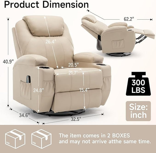 Recliner Chair, Rocking Chair with Massage and Heat, 360° Swivel Recliner Chairs for Adults, Rocker Manual Recliner with Remote Control and Cup Holder for Living Room, Bedroom, Nursery
