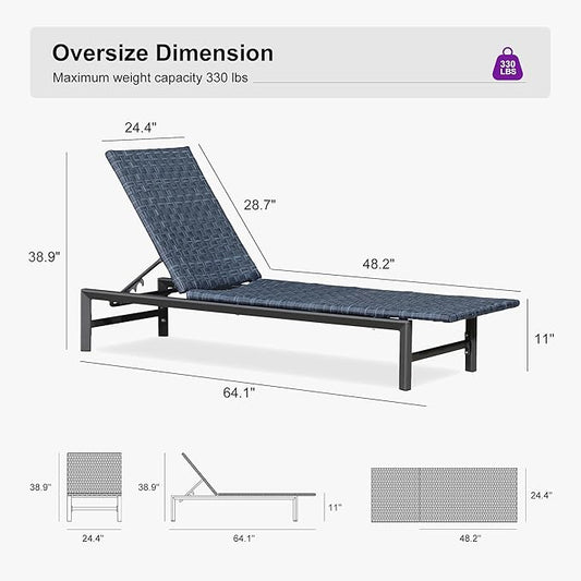 PURPLE LEAF Patio Chaise Lounge Rattan Chair Set of 2 Outdoor Pool Adjustable Recliner Wicker Chairs for Outside Woven Furniture Tanning Poolside Lounger Navy Blue