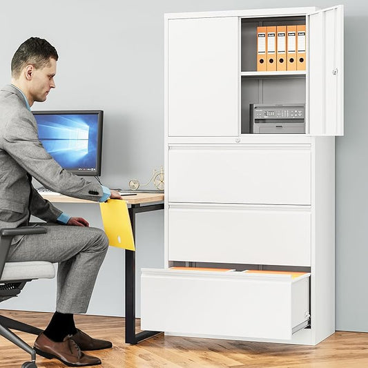 SISESOL 3 Drawer Lateral File Cabinet with Lock and Shelf,White Metal Filling Cabinet with Drawers and Shelf, Locking File Storage Cabinets with Doors and Shelves for Home,Office,Garage,School