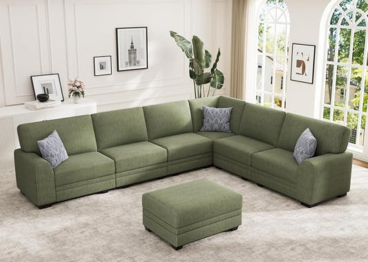 Wanderwell Oversized Modular Sectional Sofa, 6-Seater U Shaped Couches with Movable Ottoman,Corduroy Sectional Couch with Wide and Deep Seats Suitable for Living Room,Bedroom,Apartment (Olive, L-7)
