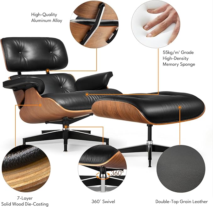 Top Black Grain Leather, Mid Century Chaise Lounge Chair and Ottoman, Leather Accent Chair, Modern Chair, Classic Design, Heavy Duty Base Support for Living Room Lounge Office, Walnut, Heightening