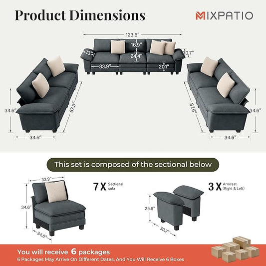 Cloud Couch Sectional Sofa Set, Plush 24.4-Inch Deep 7-Seat Sectional with Velvety Chenille & Removable Arms for Living Room and Apartment, Cyan