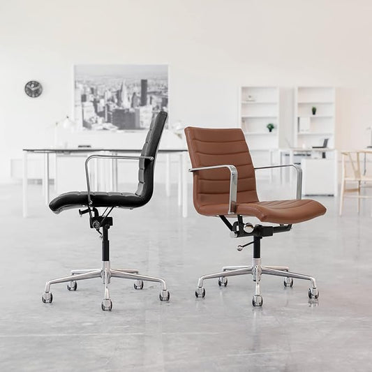 Laura Davidson Furniture SOHO II Ribbed Office Chair - Mid Back Desk Chair, Ergonomically Designed with Arm Rest & Swivel, Made of Faux Leather, Sand with Black Frame, Computer Chair