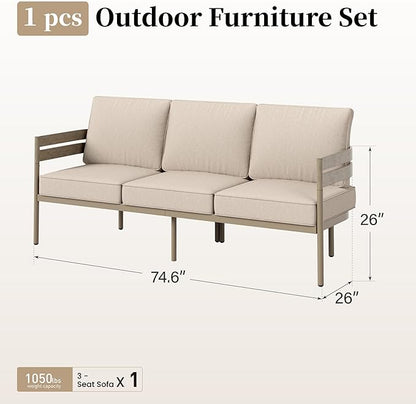 Metal Frame Outdoor Patio Sofa with Cushion, Wood-Like Patio Couch for Deck Balcony Front Porch