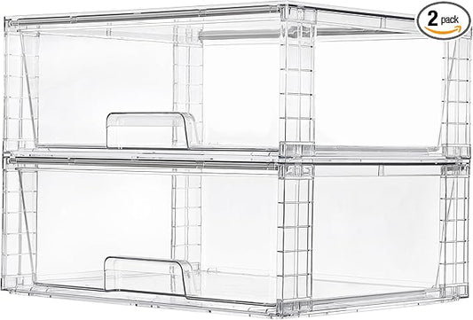 Vtopmart 2 Pack Large Stackable Storage Drawers,Easily Assemble Clear Acrylic Bathroom Closet Undersink Organizers,Plastic Storage Bins for Cabinet,Kitchen Pantry,Medicine Organization