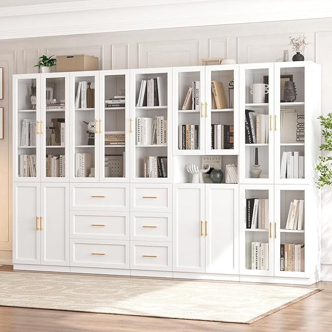 VOWNER Bookcase with Glass Doors & Drawers, 5 Tier Bookshelf with Adjustable Shelf, Modern Large Storage Display Cabinet Set for Home Office, Living Room, White (BDDB)