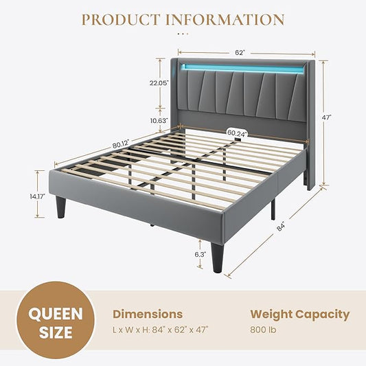 SHA CERLIN Queen Bed Frame with Charging Station and LED Lights, Modern Velvet Platform Bed with Upholstered Geometric Wingback Headboard, No Box Spring Needed, Easy Assembly, Grey