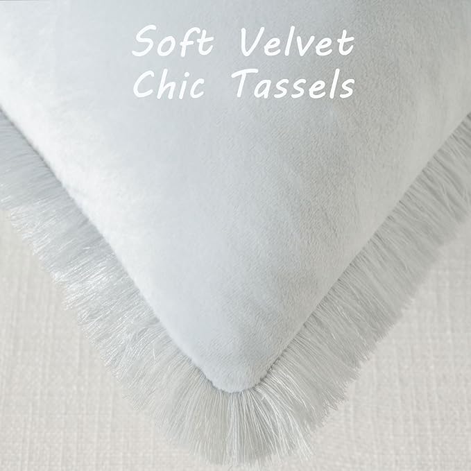 FUTEI Light Blue Velvet Decorative Throw Pillow Covers 18x18 Set of 2,Soft Cozy Edge with Tassels Cushion Case,Boho Modern Home Decor for Couch Bed Living Room
