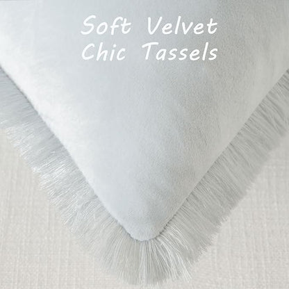 FUTEI Light Blue Velvet Decorative Throw Pillow Covers 26x26 Set of 2,Soft Cozy Edge with Tassels Euro Pillow Shams,Boho Modern Home Decor for Couch Bed Living Room