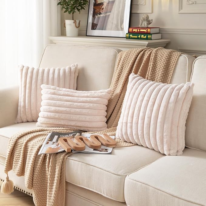 DEELAND Pack of 2,Double-Sided Faux Fur Plush Decorative Throw Pillow Covers Fuzzy Striped Soft Pillowcase Cushion Covers for Sofa Couch Bedroom Beige 22x22 inch