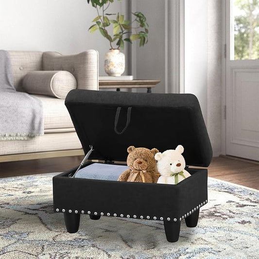 Linen Fabric Storage Ottoman with Nailhead Trim, 28.5"X19.5"X17.5" Footrest Stool, Hidden Storage Foot Stool for Living Room, Bedroom Furniture, Dark Grey