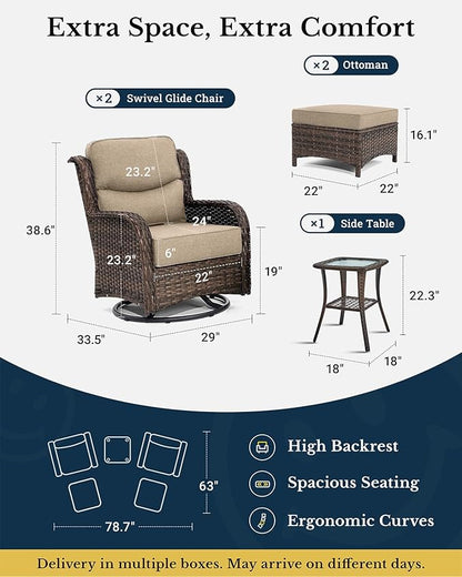 HILLGA Luxury Patio Furniture Set with 6-inch Thick Cushion, Outdoor High Back Swivel Rocker Patio Chairs, 5PCS Wicker Conversation Set for Deck Yard and Poolside, Beige (V2)