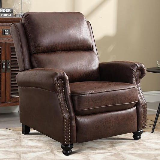 Push Back Recliner Chair Faux Leather Lounge Armchair with Rivet Decoration Wingback Single Sofa Chair with Padded Seat Solid Wood Legs for Living Room, Comfy Upholstered, Red Brown