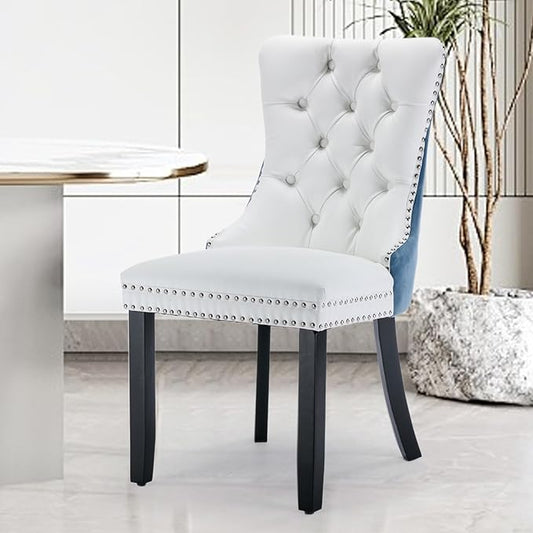 Leather Upholstered Dining Chairs Set of 6, Modern Style Kitchen Side Chairs with Nailhead Trim and Wood Leg, Metal Pulling Ring for Dining Room Living Room(White&Blue,Set of 6)