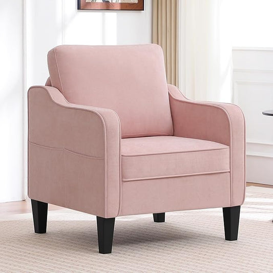 Accent Chair for Living Room, Mid Century Modern Reading Chair for Bedroom, Upholstered Armchair with Side Pockets, Comfy Single Sofa Side Chair for Office, Apartment, Small Room, Pink