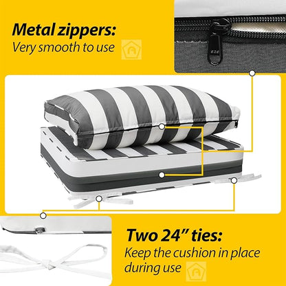 AAAAAcessories Outdoor Deep Seat Cushions, Waterproof, Fade-Resistant Patio Furniture Replacement Cushions, 24" x 24" x 5" + 24" x 13.5", Set of 4, Gray Cabana Stripe