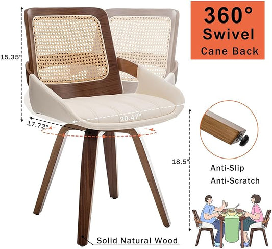 Set of 4 Swivel Rattan Dining Chairs - Walnut Dining Chairs with Bentwood Frame with Ergonomic Cane Back, Curved Arms, MCM DiningChairs for Kitchen/Conference/Restaurant/Living Room (Walnut Beige)