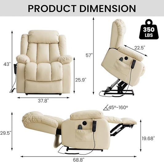TEKAMON Power Lift Recliner Chair for Elderly with Heat & Massage, Dual Motor Breathable Leather Recliner, Lay Flat Sleeping Chairs with Infinite Position, Remote Control & USB Type-c Ports(Beige)