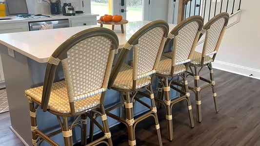 PURPLE LEAF French Bar Stool Set of 4 Bamboo Print Finish Patio Bar Stools with Back Rattan Bar Chairs Wicker Bar Height Stool 30" with Footrest Kitchen Island Stools Outdoor Barstool Cream Yellow