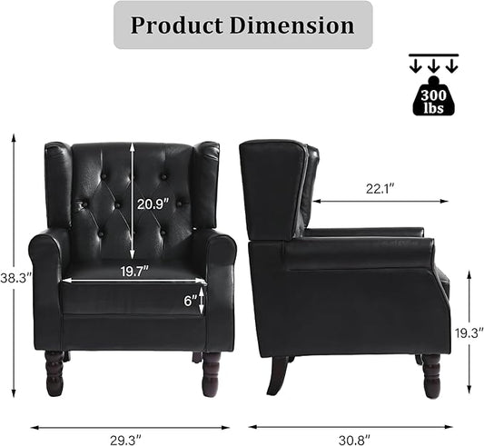 High Back Accent Chair, Faux Leather High Wingback Chair for Living Room, Button-Tufted Upholstered Armchair with Solid Wood Legs, Comfy Single Sofa Reading Chair for Bedroom, Black