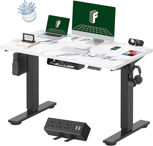 FLEXISPOT EN2Whole-Piece Standing Desk with Clamp Power Strip, 48 x 24'' Electric Stand Up Height Adjustable Desk with Cable Management (Black Frame + 48" Marble Gray, 2 Packages)