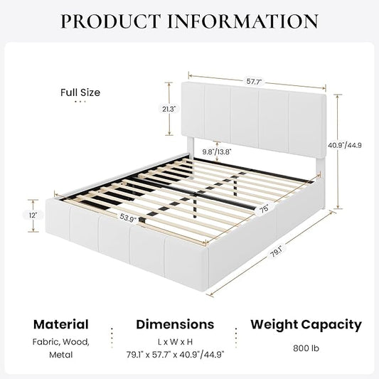 SHA CERLIN Full Size Bed Frame, Velvet Upholstered Platform Bed, Vertical Channel Tufted Adjustable Headboard, Low Profile Bed Frame, No Box Spring Needed, Easy Assembly, White