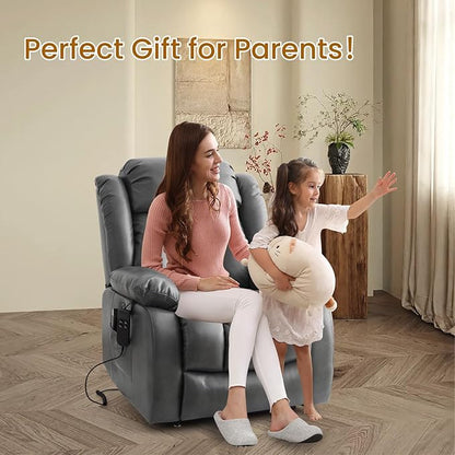 TEKAMON Power Lift Recliner Chair for Elderly with Heat & Massage, Dual Motor Genuine Leather Recliner, Lay Flat Sleeping Chairs with Infinite Position, RemoteControl(Silver Grey, Extended)