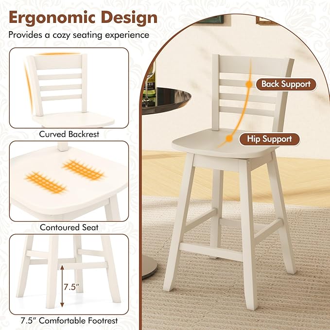 COSTWAY Bar Stools Set of 4, 24.5 Inch Swivel Counter Height Bar Chairs with Hollow Backrest & Contoured Seat, with Footrest for Kitchen Island, Pub, Bistro, Cafe (4, Cream)