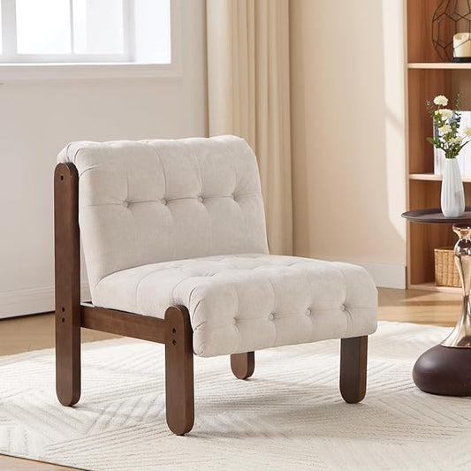 HEAH-YO Accent Chair Set of 1,Modern Vintage Living Room Chair for Bedroom with Button Tufted Back and Wood Legs,Upholstered Comfy Reading Chair for Makeup Vanity Cafe,Chenille Beige