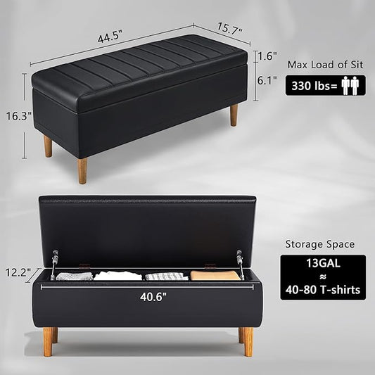 VECELO 44.5" Ottoman with Storage, Storage Ottoman Bench with 2 Gas Spring Lid Supports, PU Leather Upholstery, Solid Wood Legs, Black Shoe Bench for Bedroom, Living Room, Entryway