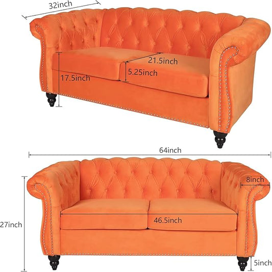 Chesterfield Loveseat Sofa, Modern Velvet Small Sofa Couch 2 Seater with Rolled Arms and Nailhead, Mid Century Modern Loveseat Couch for Small Spaces Living Room Bedroom Apartment, Orange