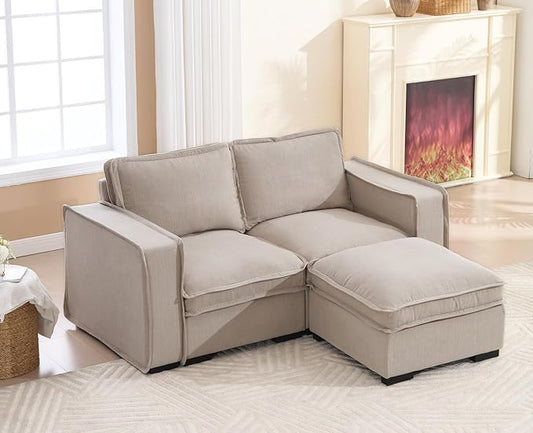 EALSON 67" Sectional Couch Modern Love Seat with Ottoman Modular Cloud Sofa with Deep Seat Comfy Linen Fabric Loveseat Sofa Convertible L Shaped Couches 2 Seater Couch for Living Room/Bedroom,Oatmeal