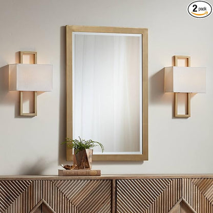 Possini Euro Design Modena Modern Wall Light Sconces Set of 2 French Brass Gold Hardwired 9 1/2" Fixture Off-White Faux Silk Half Shade for Bedroom Bathroom Vanity Living Room Home Hallway Dining