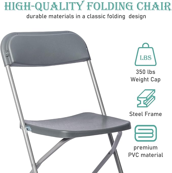 70 Pack Plastic Grey Folding Chairs,Portable Party Chairs Stackable Commercial Seats with Steel Frame for Office Home Outdoor Indoor Wedding Party Patio Dinning Events,350lbs Capacity