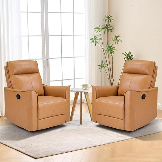 Swivel Rocker Recliner Set of 2, Glider Rocking Chair, Nursing Chairs Swivel Glider Recliners with Soft Backrest, Leathaire Manual Reclining Sofa for Living Room Bedroom Apartment, Camel