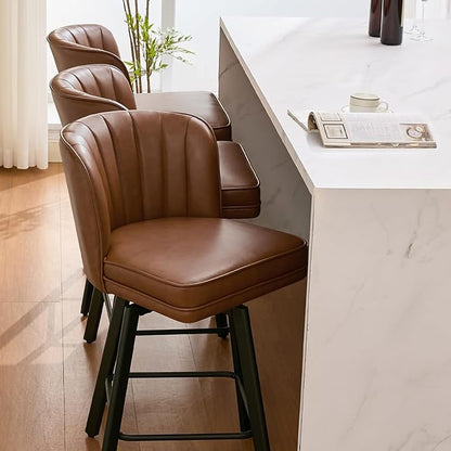 Swivel Counter Height Bar Stools Set of 4, 26'' Modern Barstools with Backs and Metal Legs, Upholstered Bar Chairs, Faux Leather Dark Brown Stools for Kitchen Island Chairs