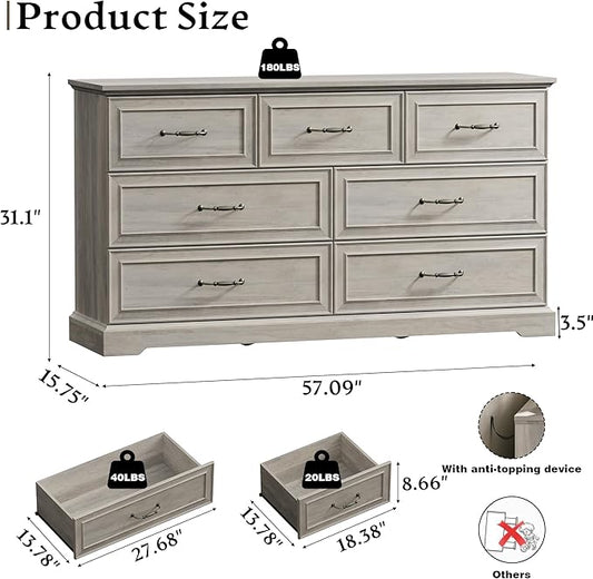 Farmhouse 7 Drawers Dresser for Bedroom, 57" Wide Modern Chest of Drawers with Deep Drawers & Bar Handles, Rustic Wood Dresser TV Stand, Wooden Closet Storage Organizer for Living Room, Hallway, Grey