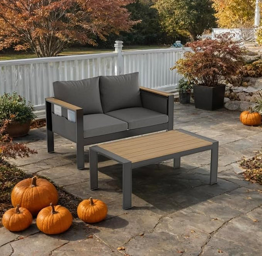 Corinth 2-Piece Aluminum Patio Conversation Set - Outdoor, Porch, Balcony, Yard, Gardern, All Weather,1 Ergonomic Design Love Sofa and 1 Coffee Table, Grey