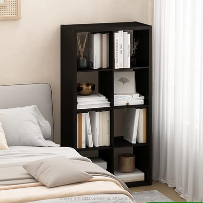 Furinno CUBICLE Book Shelf, 8-Cube Thick Frame Bookshelf, Horizontally & Vertically Reversible Bookcase with Open Back, 14.6 x 30 x 57.9, for Living Room, Bedroom, Home Office, Black Dark Oak