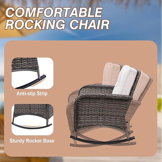 COOS BAY Vintage Courtyard Patio Furniture Set, Wicker Outdoor Furniture, Patio Conversation Sets, 2 Rocking Chairs, Loveseat, Coffee Table and Side Table, 5 Pieces, Gray/Beige