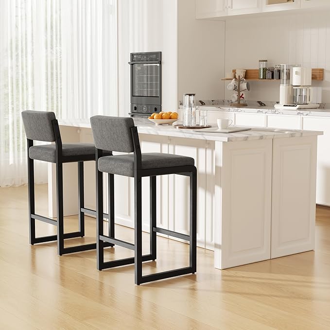 Bar Stools Set of 4, Fabric Counter Height Bar Stools with High Back and Metal Legs, Upholstered Bar Chairs, 26" Modern Barstools for Kitchen Island, Grey