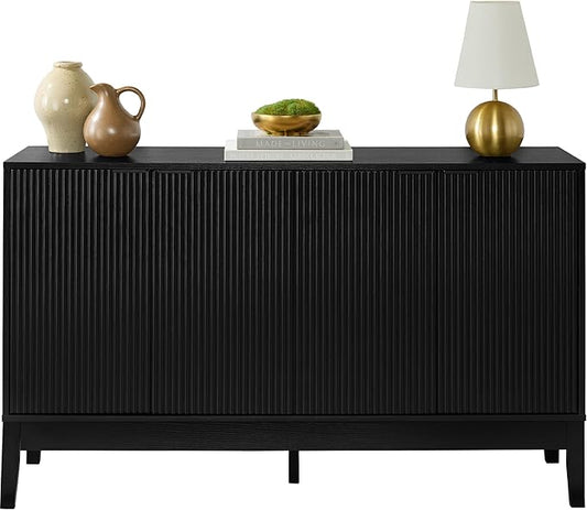 Best Choice Products 55" Modern 4-Door Sideboard Storage Cabinet, Buffet, Media Cabinet, Cupboard, Entryway Accent Table, Bookcase w/Reed Panels and Adjustable Shelves - Black