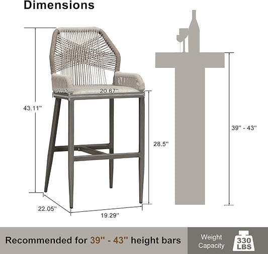 PURPLE LEAF 2 Pieces Bar Stools Patio Modern Rattan Barstools Aluminum Woven Tall Bar Chairs with Cushions for Outdoor Kitchen Island Garden