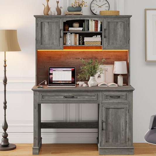 Vabches Farmhouse 47" Executive Desk with Hutch, 2 Drawers and LED Light, Computer Desk with Storage Cabinet and Charging Station,Workstation for Home Office and Study.Grey