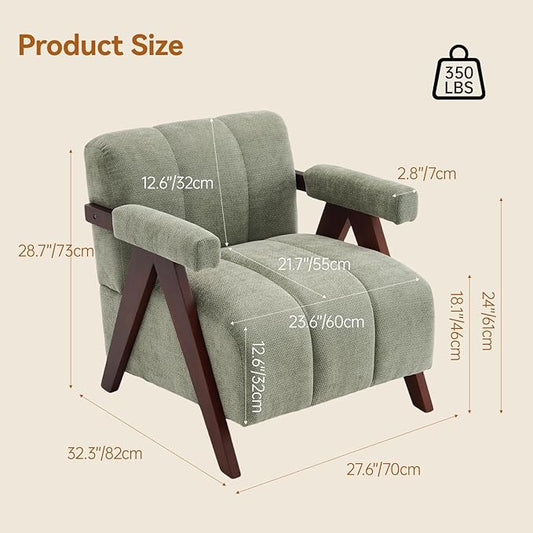 Accent Chair Mid-Century Modern with Wide Backrest for Bedroom, Upholstered Living Room Chair with Wooden, Lounge Armchair with Thick Cushion, Cute Chenille Comfy Chair, Sage