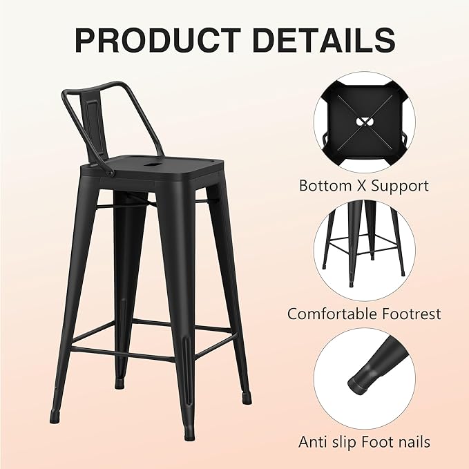 HAOBO Home Metal Bar Stools Set of 2 Low Back Counter Height Barstools 26" Industrial Barstool Patio Stool Metal Kitchen Stools Bar Chairs for Indoor Outdoor