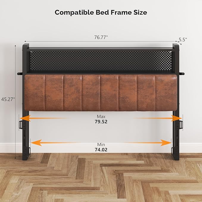 VINGLI King Size Headboard Only, Adjustable Upholstered Headboard with 2 Tier Shelves and Pegboard with Charging Stations and LED Lights, Modern Bed Headboard with Storage for Bedroom Decor
